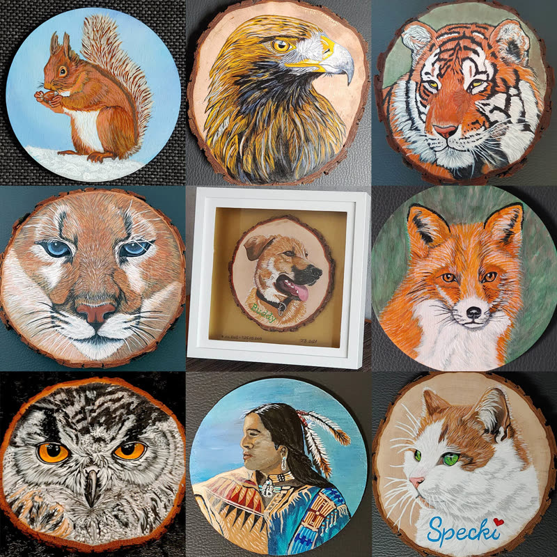 Neun bemalte runde Holzscheiben mit Tierporträts: Eichhörnchen, Adler, Tiger, Puma, Hund, Fuchs, Eule, Porträt und Katze
