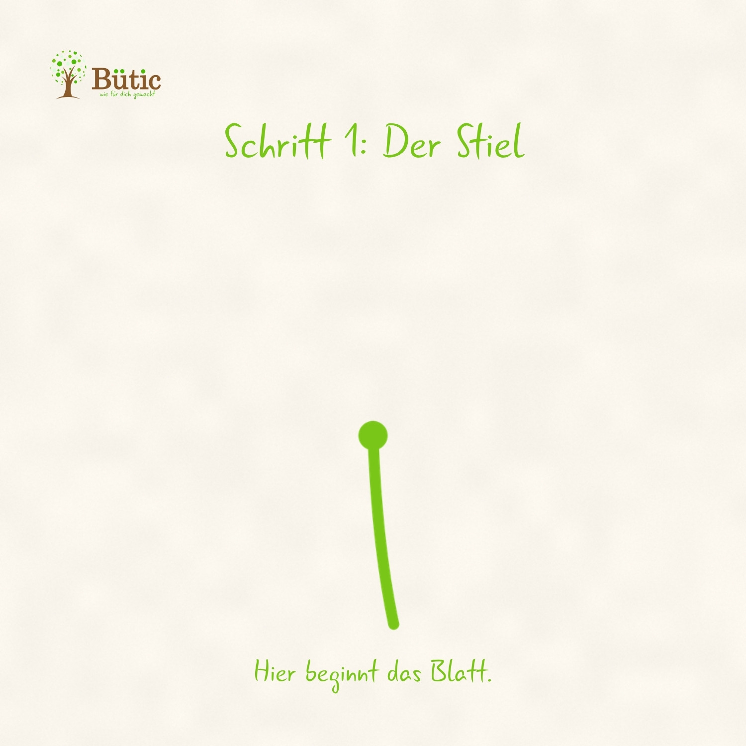 Infografik Schritt 1: Der Stiel. Zeichnung eines leicht gebogenen Blattstiels mit einem Punkt am oberen Ende. Hier beginnt das Blatt.