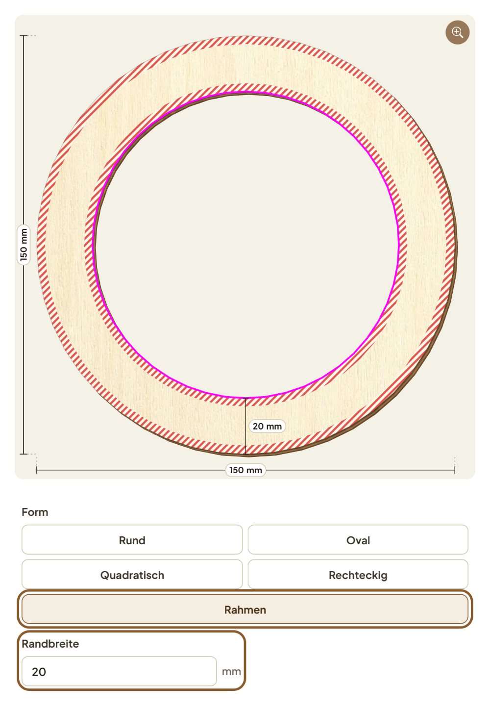 Runde Scheibe aus Pappelsperrholz, 15 cm, als Ring mit 20 mm Rand und Maßlinie, darunter die Formen mit hervorgehobenem Knopf „Rahmen“ und dem Feld Randbreite