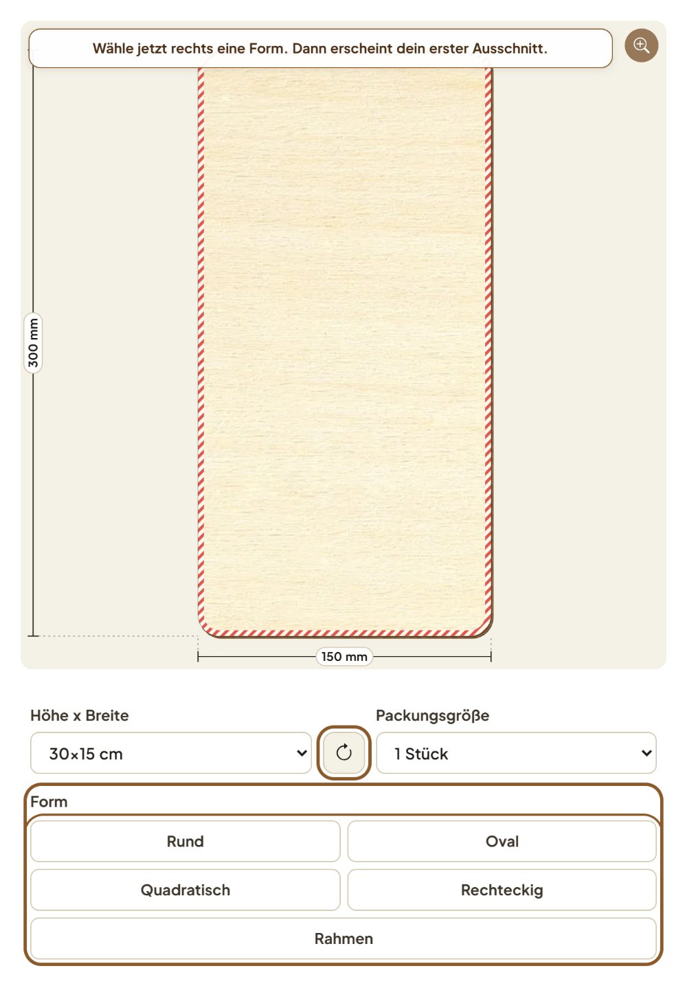 Vorschau eines Rechtecks aus Pappelsperrholz, 30 × 15 cm, mit „Teil drehen“ hochkant gestellt: Größe und Packungsgröße sind gewählt, der Knopf zum Drehen und die Formen rund, oval, quadratisch, rechteckig und Rahmen sind umrahmt