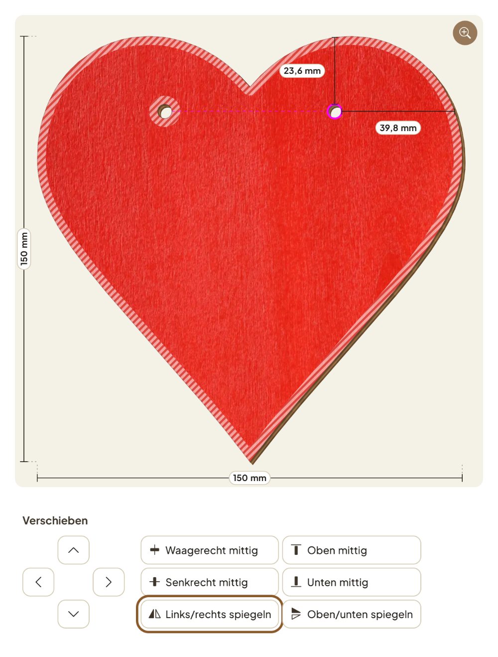 Rotes Holzherz mit zwei Aufhängelöchern, eines in jedem Bogen, darunter die Knöpfe zum Ausrichten, „Links/rechts spiegeln“ ist hervorgehoben