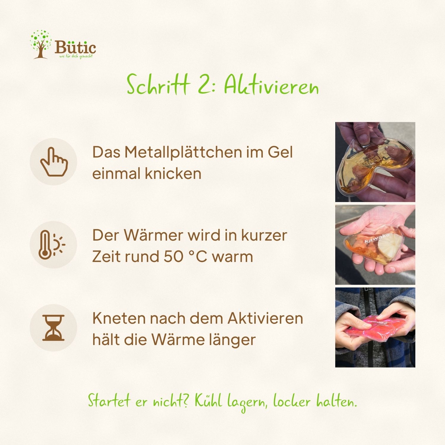 Infografik Schritt 2, Aktivieren: das Metallplättchen im Gel einmal knicken, der Wärmer wird in kurzer Zeit rund 50 °C warm, Kneten hält die Wärme länger. Startet er nicht? Kühl lagern, locker halten. Mit Fotos von Händen, die einen Herz-Handwärmer knicken und kneten
