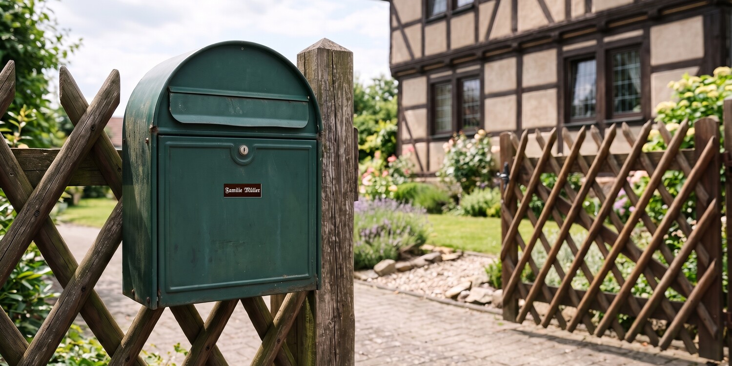 Alter dunkelgrüner Blechbriefkasten am Gartentürchen eines Jägerzauns, unter dem Schloss ein Klingelschild in Walnuss-Optik mit weißer Frakturgravur „Familie Müller“, dahinter offenes Einfahrtstor, Vorgarten und Fachwerkhaus
