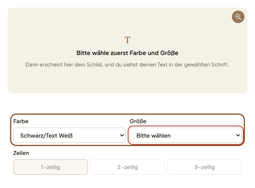 Leere Vorschau mit dem Hinweis „Bitte wähle zuerst Farbe und Größe“, darunter die Farbe Schwarz/Text Weiß und das rot umrandete Feld Größe, die Zeilen noch gesperrt