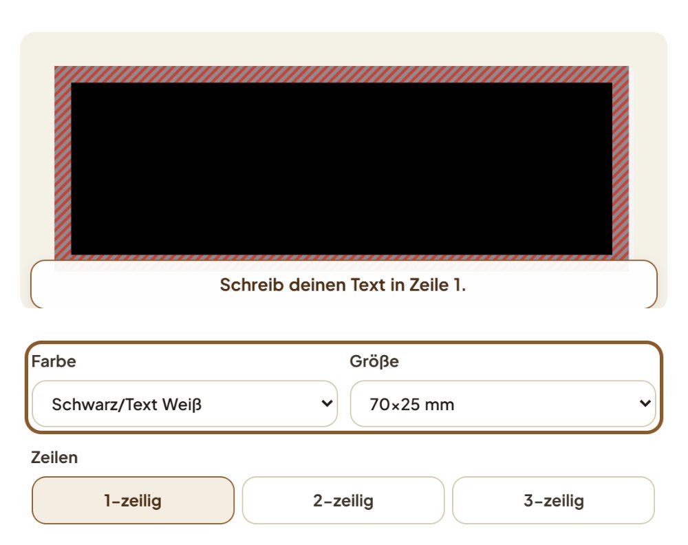 Vorschau eines schwarzen Klingelschilds 70 × 25 mm mit rot gestreifter Sperrfläche am Rand und dem Hinweis „Schreib deinen Text in Zeile 1“, darunter die Auswahl Farbe und Größe