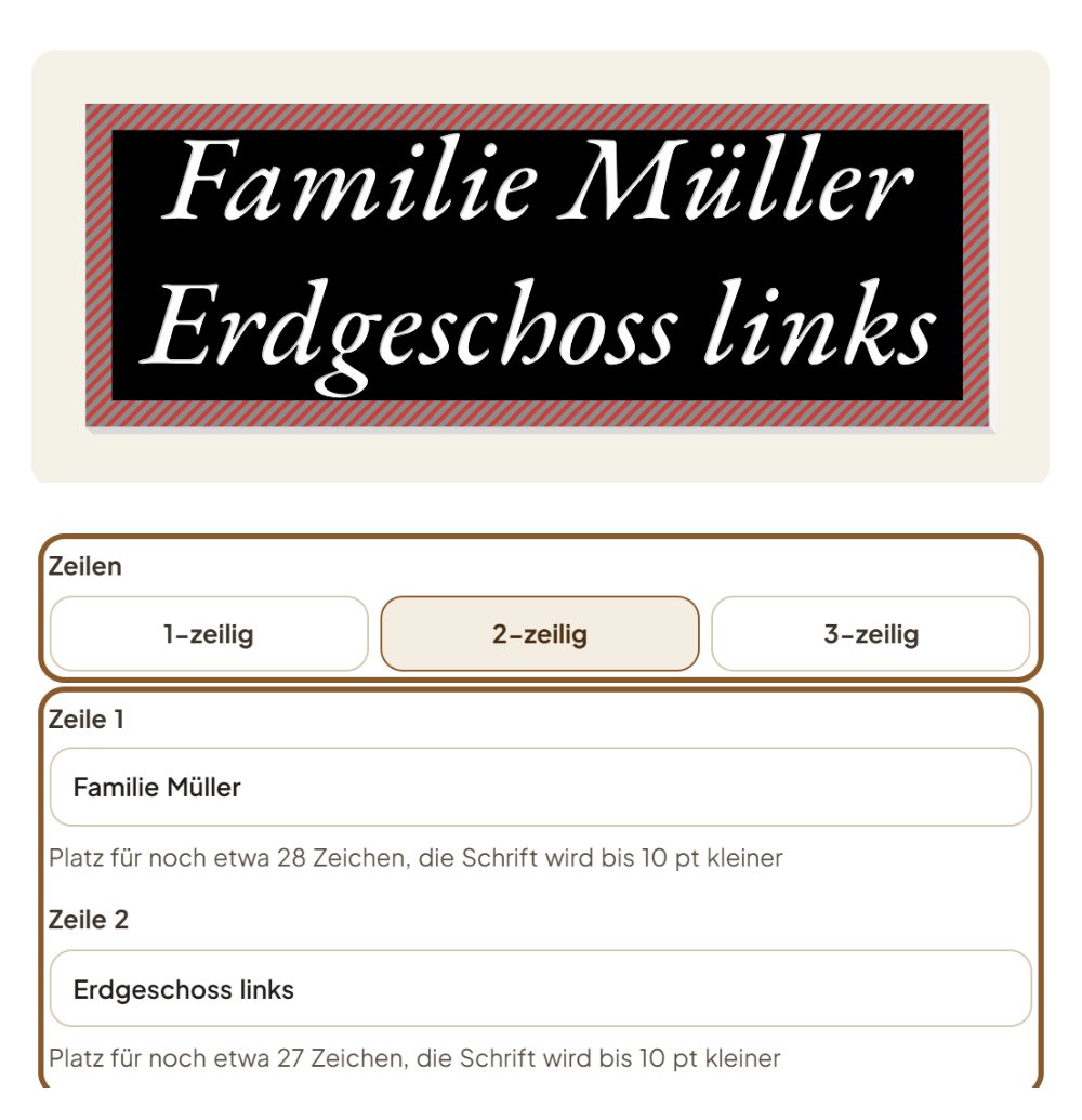 Schwarzes Klingelschild mit zwei Zeilen in weißer Schrift, „Familie Müller“ und „Erdgeschoss links“, darunter die Auswahl 2-zeilig und die beiden Textfelder