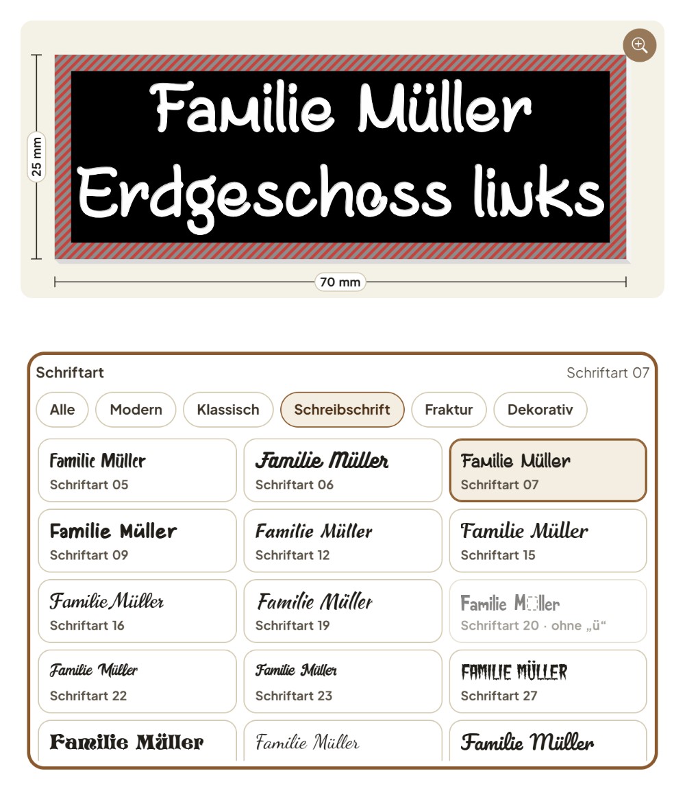 Klingelschild in einer Schreibschrift, darunter die Schriftliste mit dem Filter „Schreibschrift“ und dem eigenen Text in jeder Schrift, Schriftart 20 ohne „ü“ ausgegraut