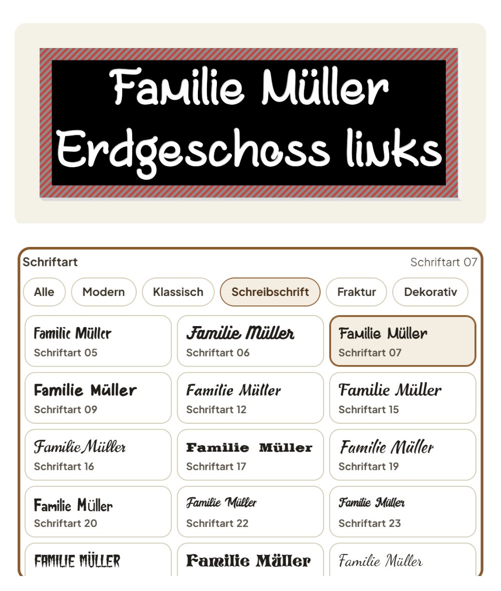 Klingelschild in einer Schreibschrift, darunter die Schriftliste mit dem Filter „Schreibschrift“ und dem eigenen Text in jeder Schrift