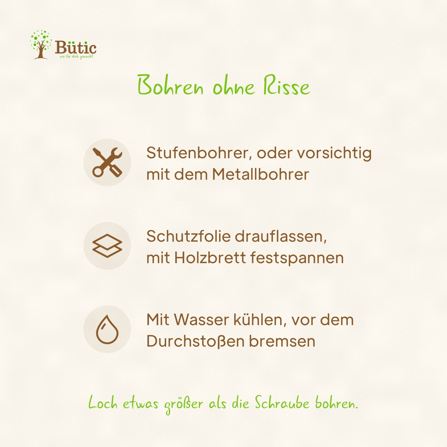 Infografik Bohren ohne Risse: Stufenbohrer, oder vorsichtig mit dem Metallbohrer. Schutzfolie drauflassen, mit Holzbrett festspannen. Mit Wasser kühlen, vor dem Durchstoßen bremsen. Loch etwas größer als die Schraube bohren.