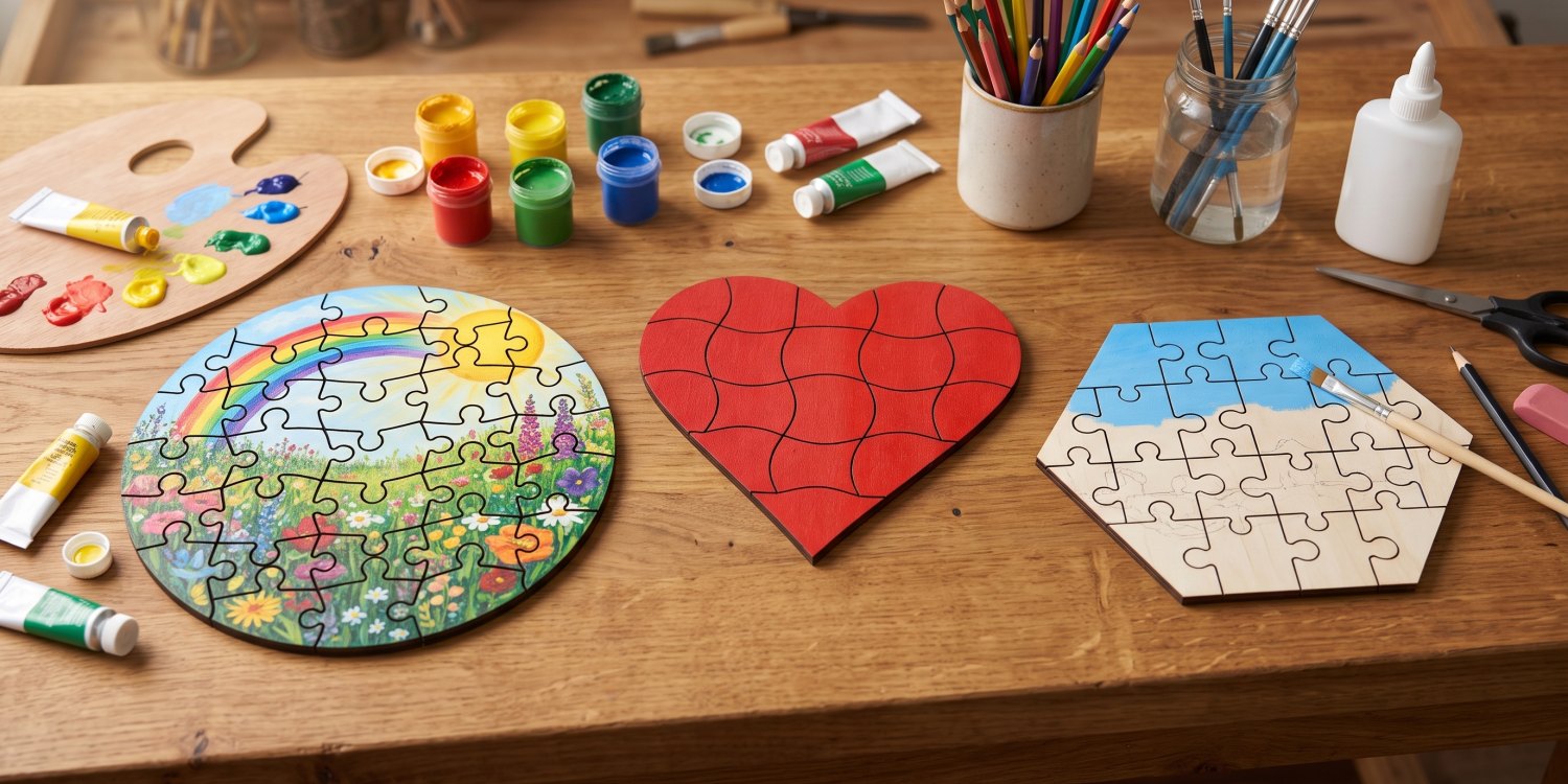 Drei Holzpuzzles auf einem Basteltisch: ein rundes Puzzle mit gemaltem Regenbogen über einer Blumenwiese, ein rotes Herz mit gewellten Schnitten und ein Sechseck, dessen Himmel gerade blau bemalt wird; dahinter Acrylfarben, Buntstifte, Pinsel und Leim