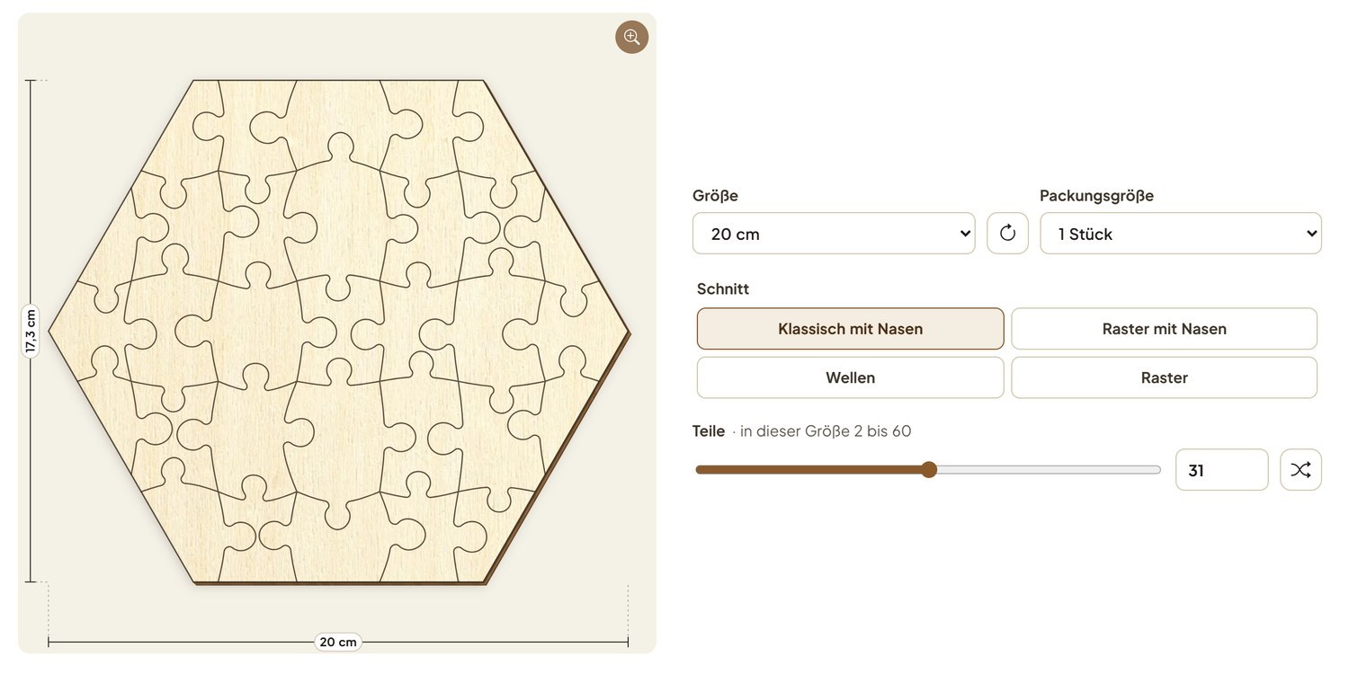Der Puzzle-Gestalter: links ein Sechseck aus Sperrholz mit 31 klassischen Puzzleteilen und Maßen, rechts Größe, Packungsgröße, Schnitt und Teile