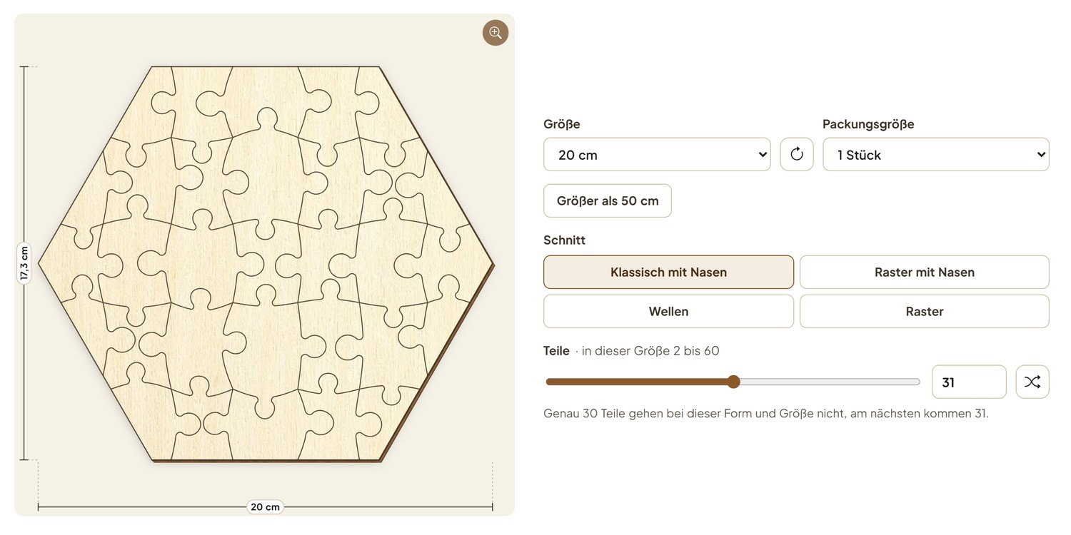Der Puzzle-Gestalter: links ein Sechseck aus Sperrholz mit 31 klassischen Puzzleteilen und Maßen, rechts Größe mit dem Knopf „Größer als 50 cm“, Packungsgröße, Schnitt und Teile