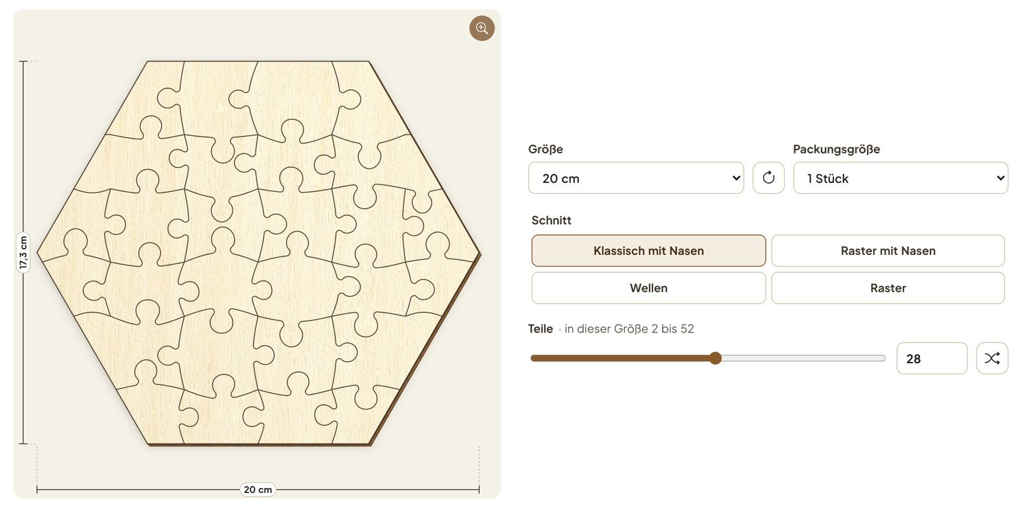 Der Puzzle-Gestalter: links ein Sechseck aus Sperrholz mit 28 klassischen Puzzleteilen und Maßen, rechts Größe, Packungsgröße, Schnitt und Teile