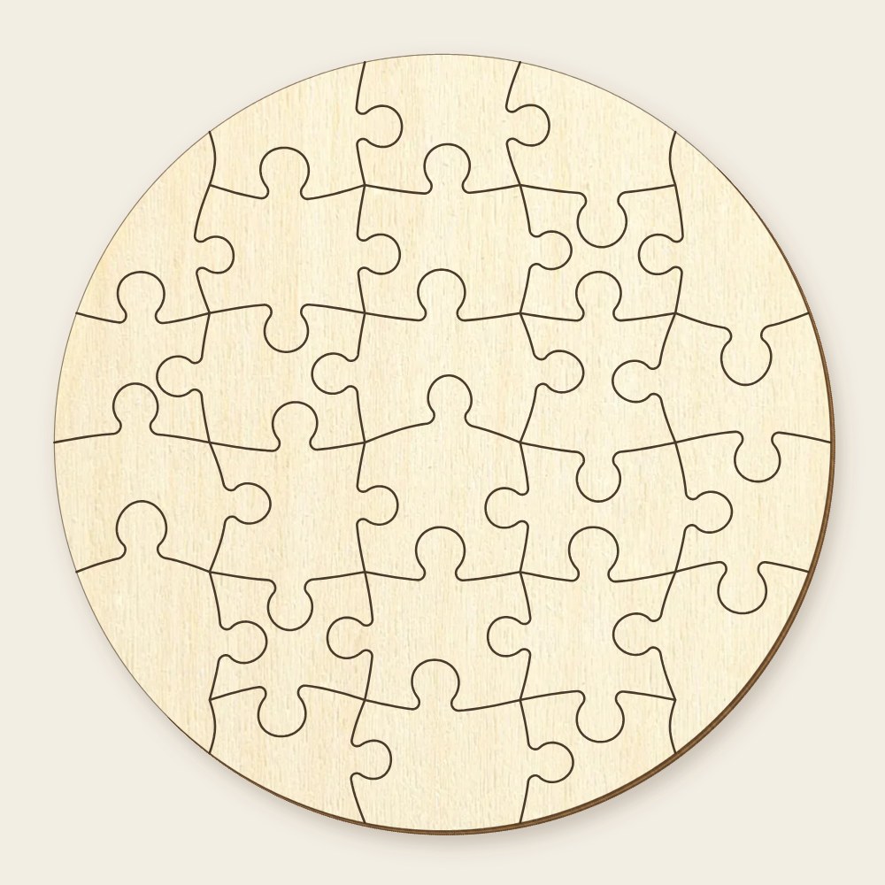 Runde Holzscheibe mit 26 klassischen Puzzleteilen: leicht gebogene Kanten mit runden Nasen