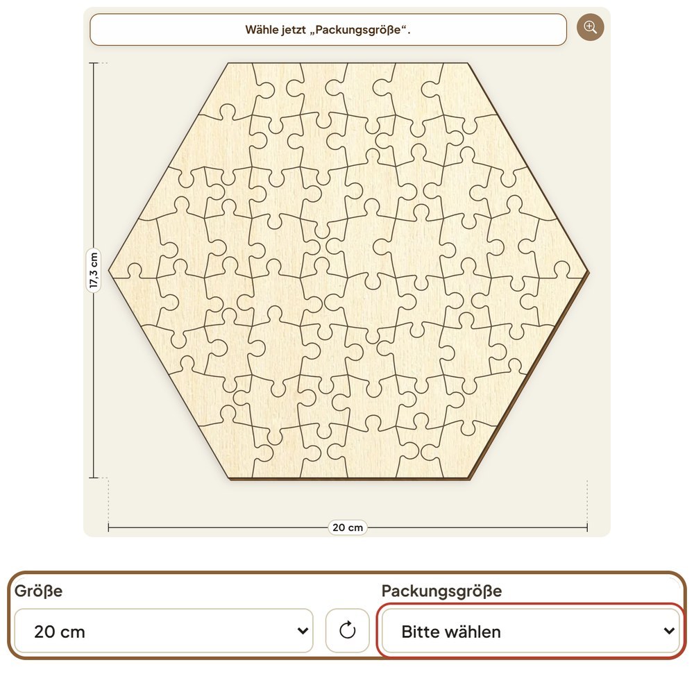 Vorschau eines Sechsecks aus Sperrholz als Puzzle mit dem Hinweis „Wähle jetzt Packungsgröße“, darunter die Felder Größe mit 20 cm und Packungsgröße, rot umrandet