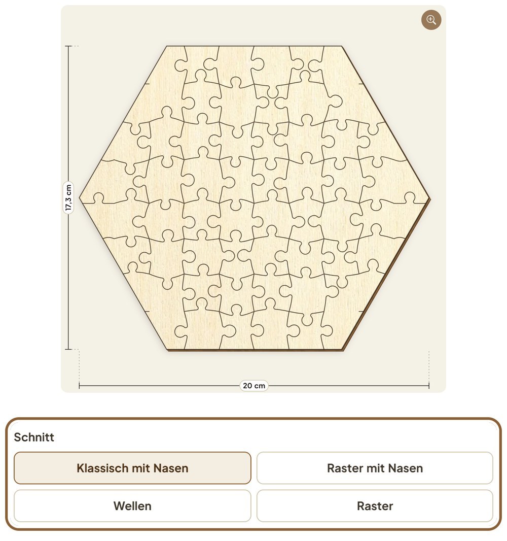 Sechseck-Puzzle mit klassischen Puzzleteilen, darunter die Auswahl Schnitt mit Klassisch mit Nasen, Raster mit Nasen, Wellen und Raster