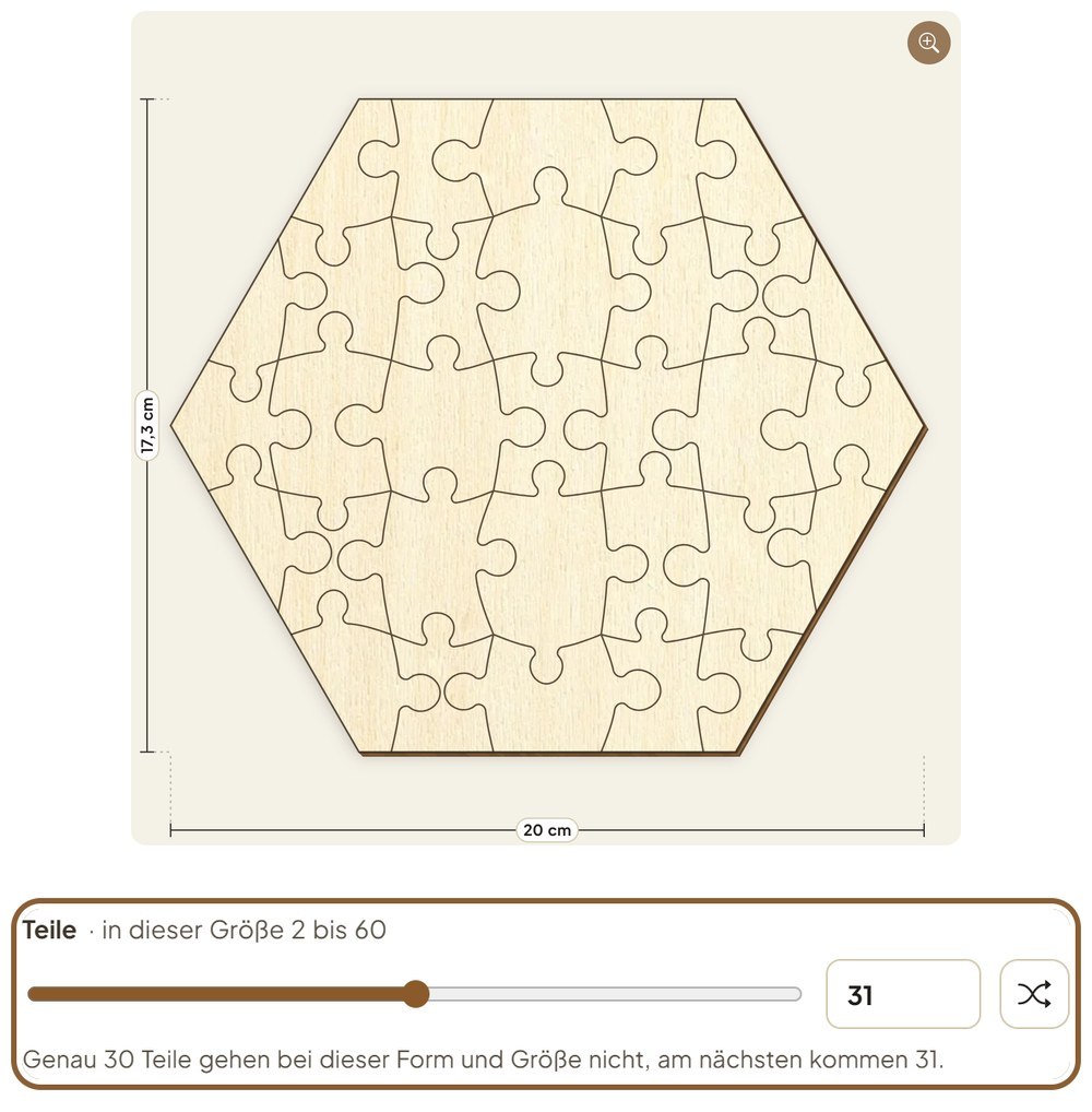 Sechseck-Puzzle mit 31 Teilen, darunter der Regler Teile, das Zahlenfeld mit 31 und der Hinweis, dass genau 30 Teile hier nicht gehen