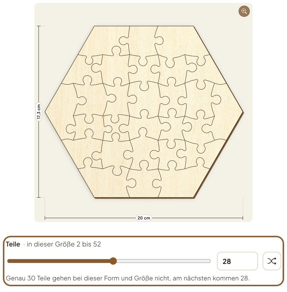 Sechseck-Puzzle mit 28 Teilen, darunter der Regler Teile, das Zahlenfeld mit 28 und der Hinweis, dass genau 30 Teile hier nicht gehen