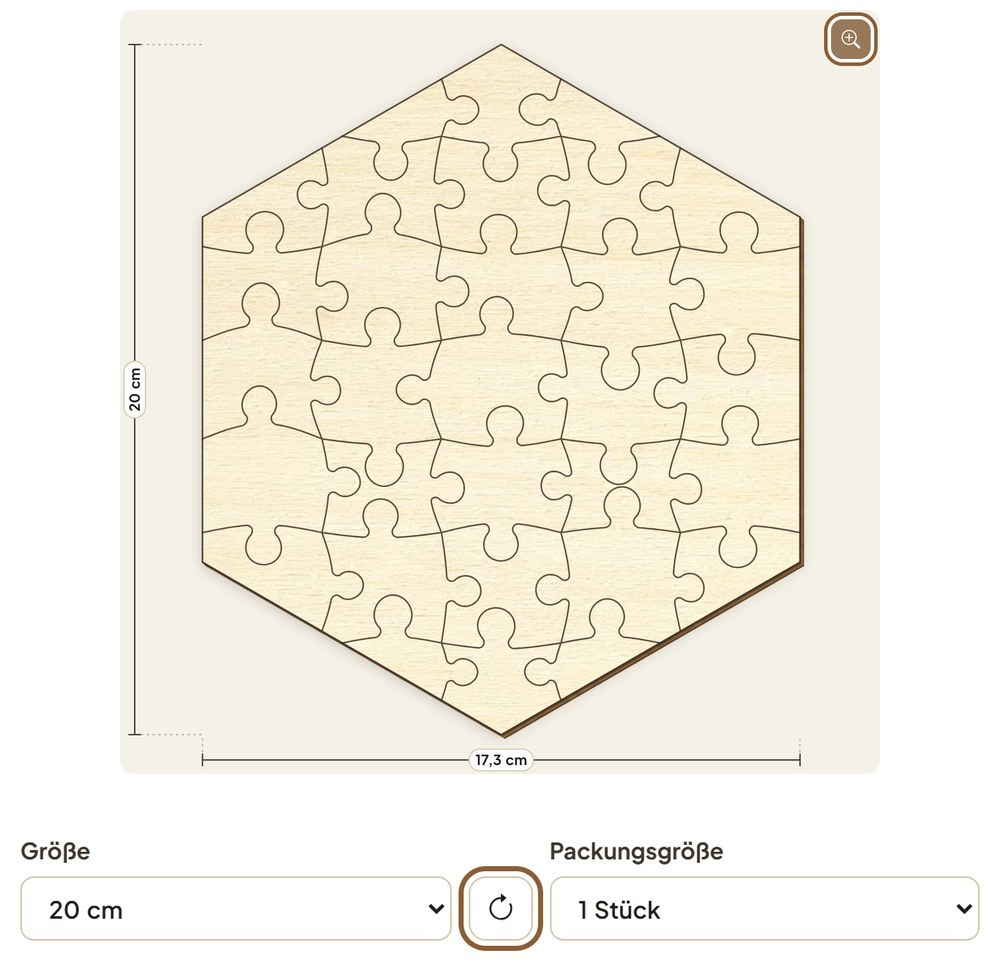 Um 90 Grad gedrehtes Sechseck-Puzzle, braun umrandet der Knopf Drehen neben der Größe und die Lupe oben rechts in der Vorschau