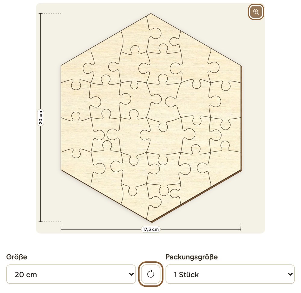 Um 90 Grad gedrehtes Sechseck-Puzzle, braun umrandet der Knopf Drehen neben der Größe und die Lupe oben rechts in der Vorschau