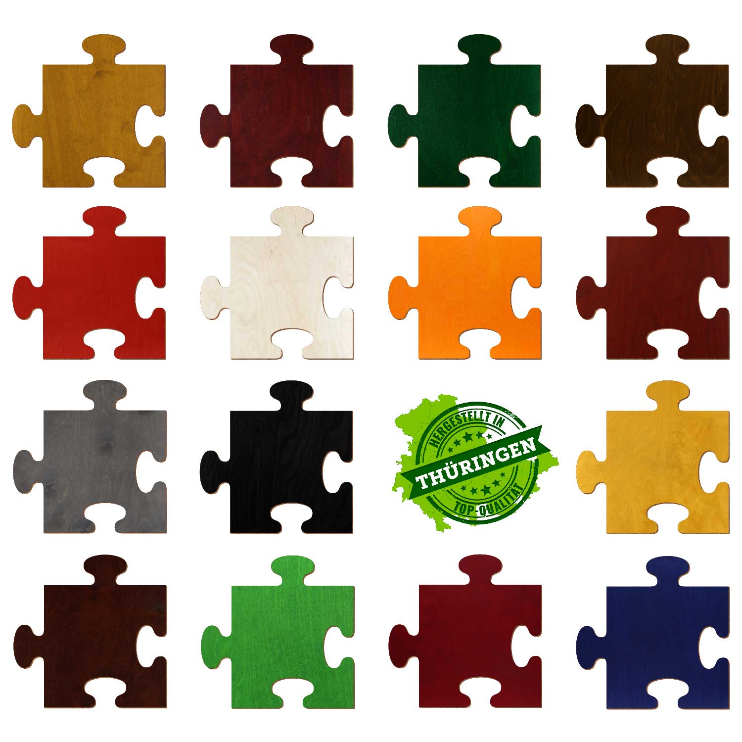 Holzpuzzleteile in 15 verschiedenen Farben