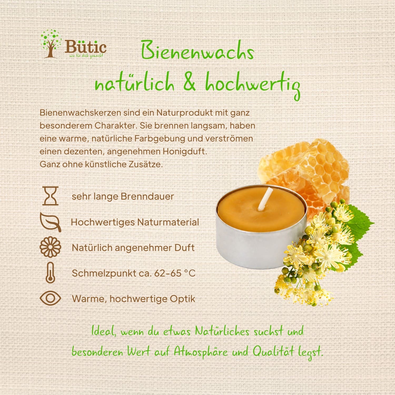 Infografik Bienenwachs: Naturprodukt mit dezentem Honigduft, sehr lange Brenndauer, hochwertiges Naturmaterial, Schmelzpunkt circa 62 bis 65 Grad