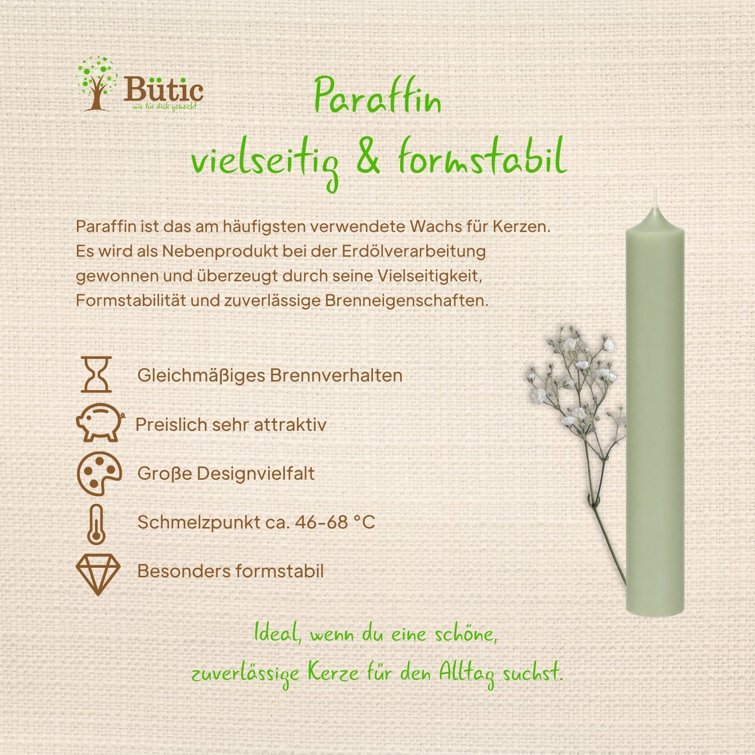 Infografik Paraffin: gleichmaessiges Brennverhalten, preislich attraktiv, grosse Designvielfalt, Schmelzpunkt circa 46 bis 68 Grad, besonders formstabil
