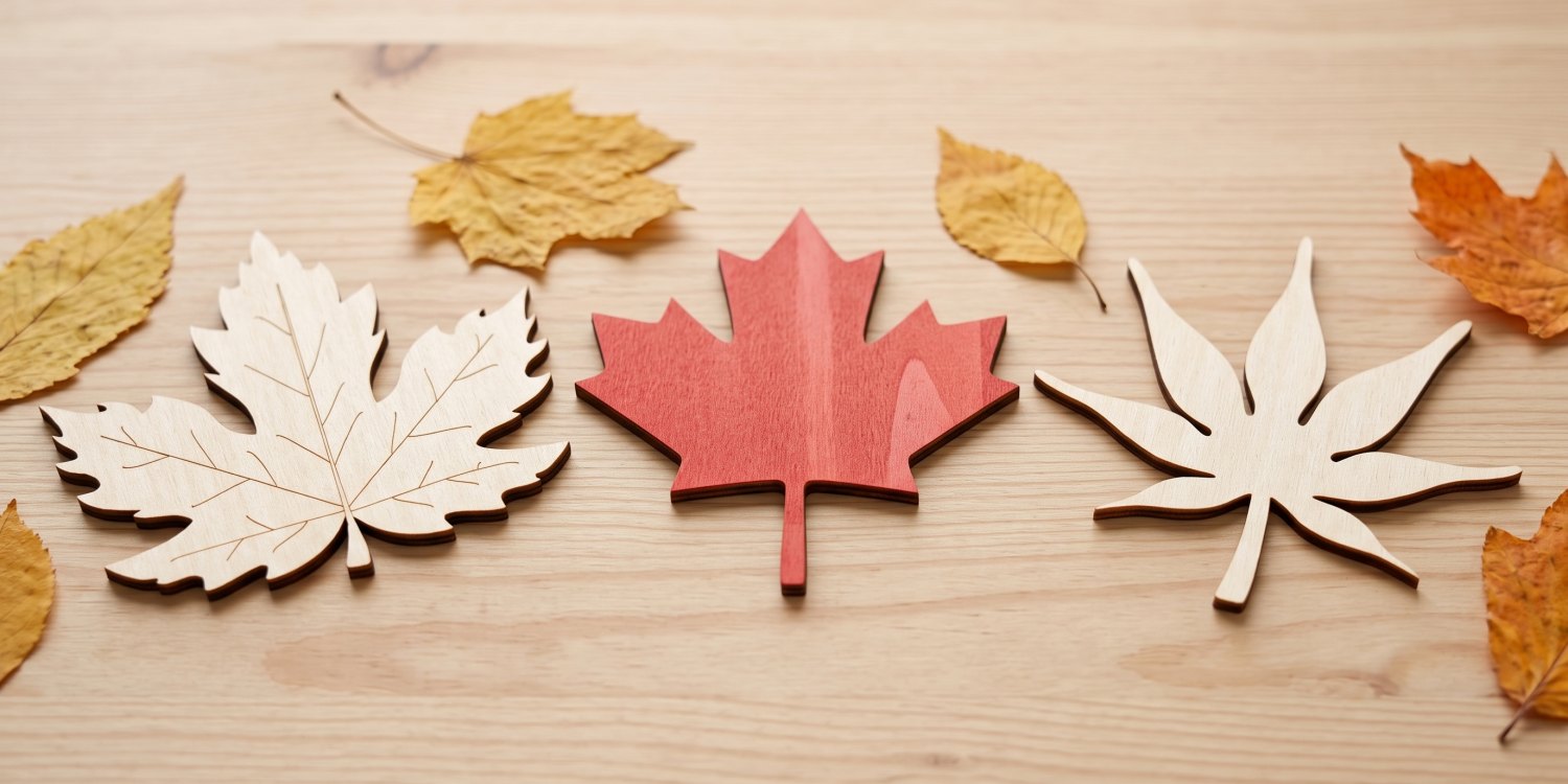 Drei Ahornblätter aus Holz auf einem hellen Holztisch: ein naturfarbenes Blatt mit eingravierten Adern, ein rotes Blatt in Form des kanadischen Flaggenblatts und ein Japanisches Ahornblatt, dazwischen echtes Herbstlaub