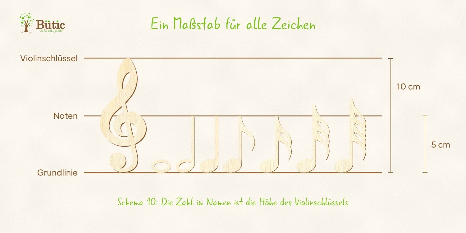 Musiknoten aus Holz in Schema 10: Violinschlüssel mit 10 cm und Viertelnote mit 5 cm Höhe nebeneinander